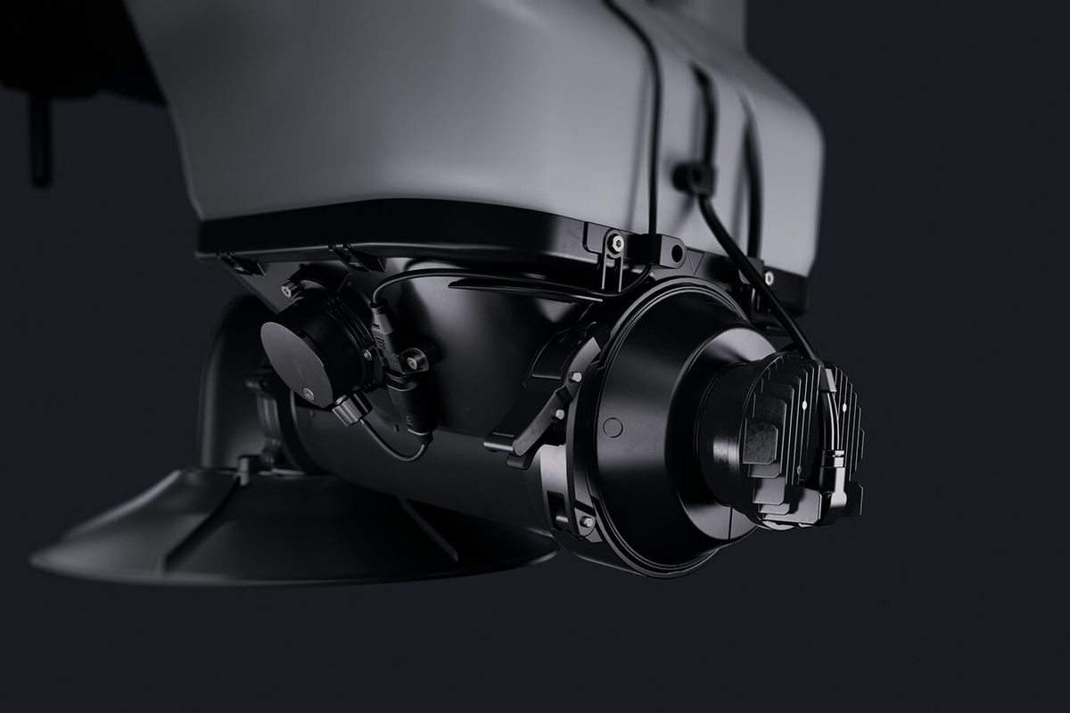 Detalhe do sistema de câmera e sensores de um drone DJI