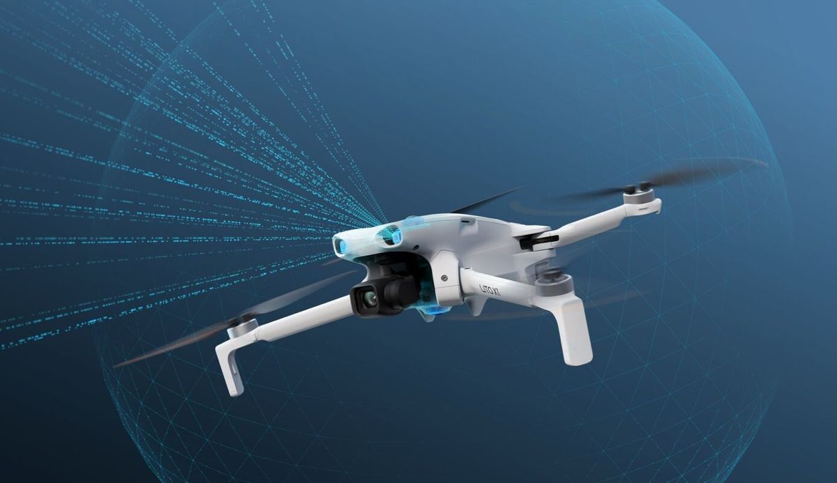 Drone DJI Lito X1 em voo, com representação dos sensores de percepção ao redor